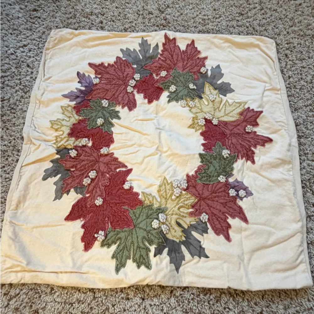 Pottery Barn pillow cover sham 24 x 24 fall leaves wreath embroidered Cream